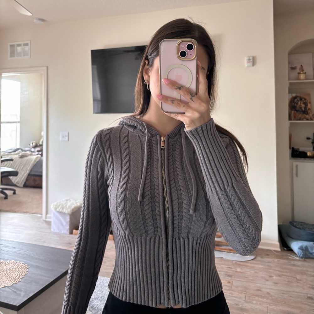 Gray Cable Knit Hooded Sweater
